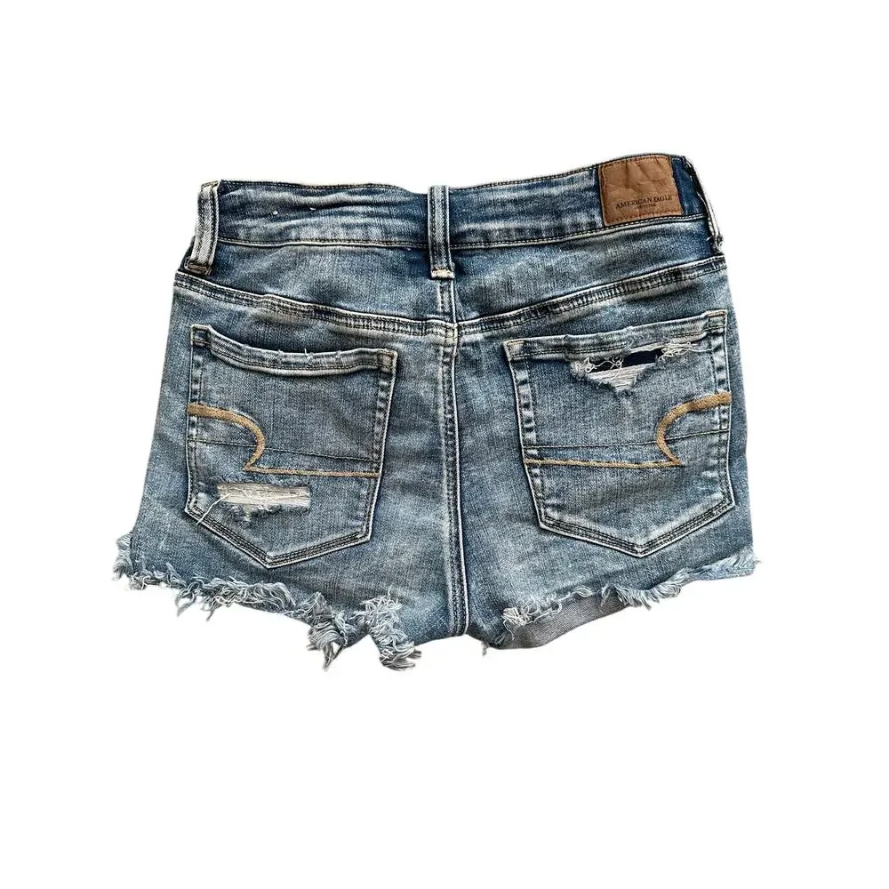 American Eagle‎ Hi-Rise Shortie Distressed Denim Shorts Size 25 Light Wash